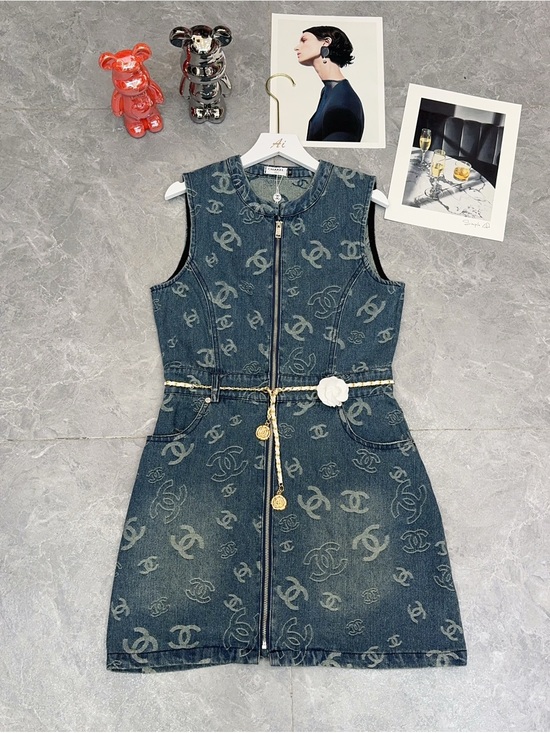 CHANEL Dresses & Skirts - CHANEL Dark Blue Denim Logo Zip-Front Mini Dress with Gold-Tone Rope Belt